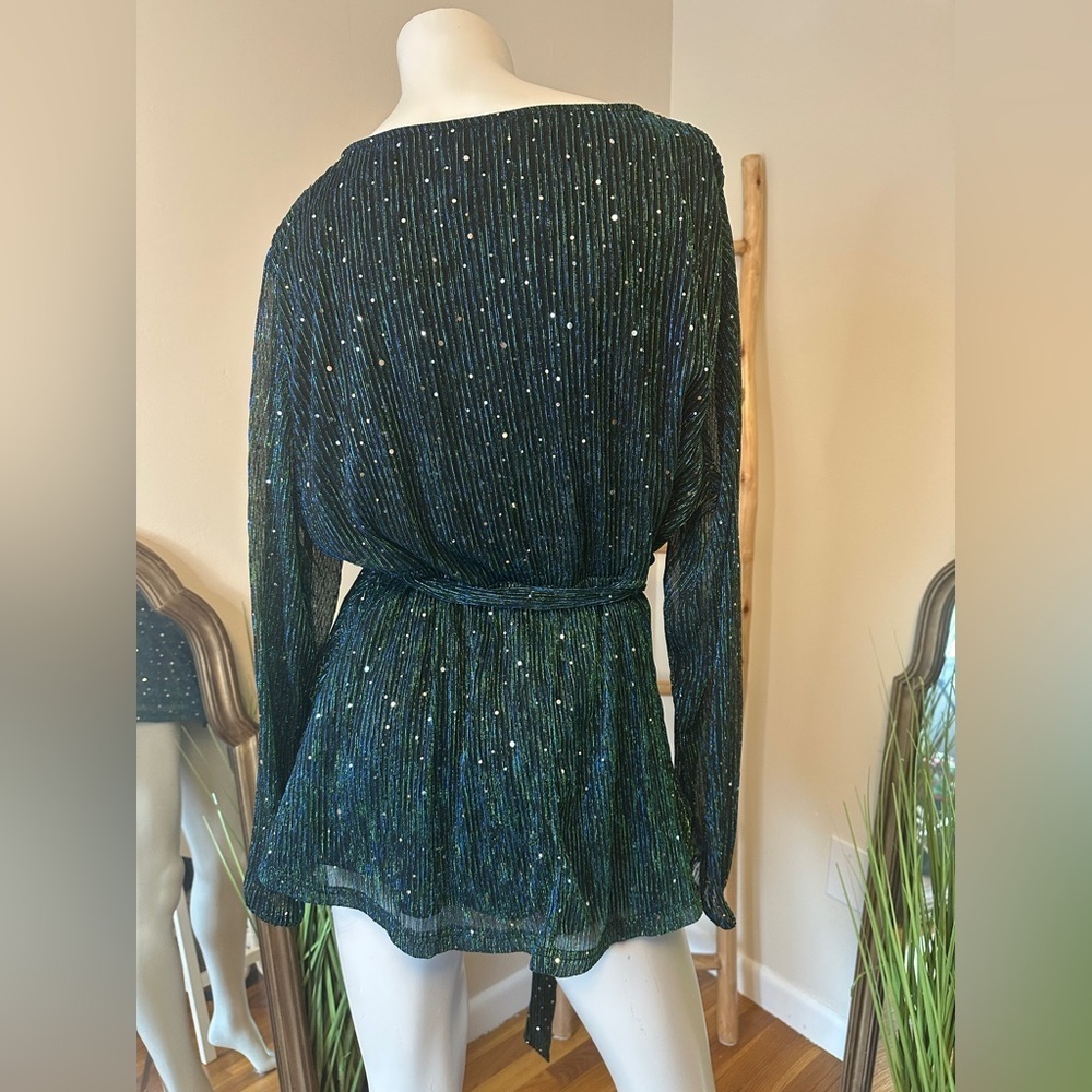 Bloomchic Sequin Mesh Lantern Sleeve Wrap Belted Striped Blouse  NWT 18-20 - Picture 2 of 4